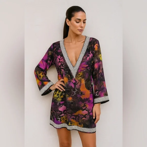 Vibrant Multicolor V-Neck Boho Tunic Top Cover Up Mini Dress (100% Silk) - Picture 1 of 7